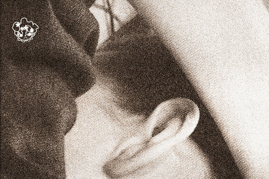 A close-up, sepia-toned photograph of a human ear. The ear is partially obscured by a dark, textured surface, possibly fabric or hair. The overall tone of the image is dark and moody, with a focus on the intricate details of the ear's shape and form.